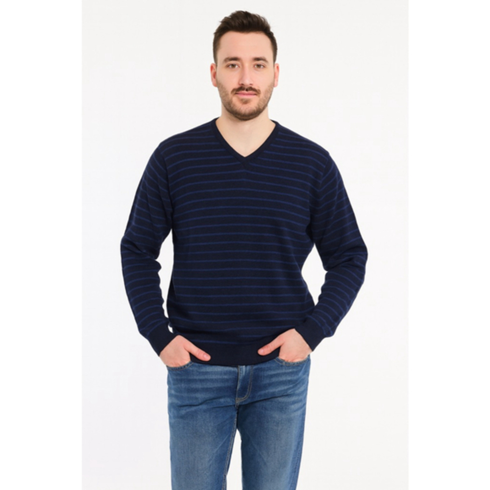 J.Crew Mens Navy Blue Striped Merino Wool V Neck Sweater M
